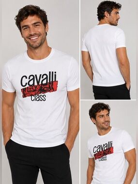 NWT Roberto Cavalli Class Graphic Logo Tee White Luxury Designer T-Shirt M/L